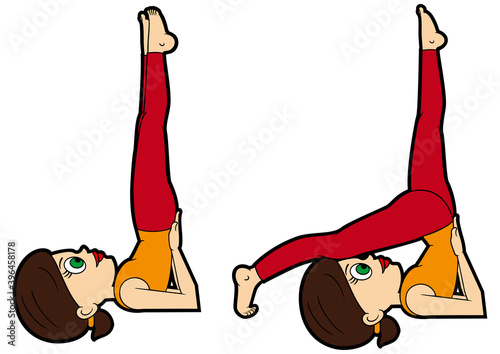 Yoga asana set shoulder stand pose/ Illustration cartoon girl doing sarvangasana variations 