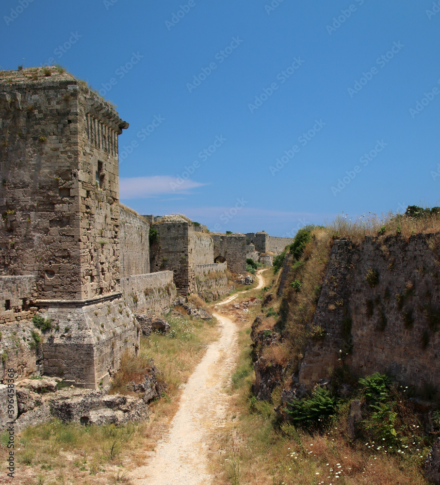 Bastions and fortress wall, medieval fortress, the old town of Rhodes, Greece