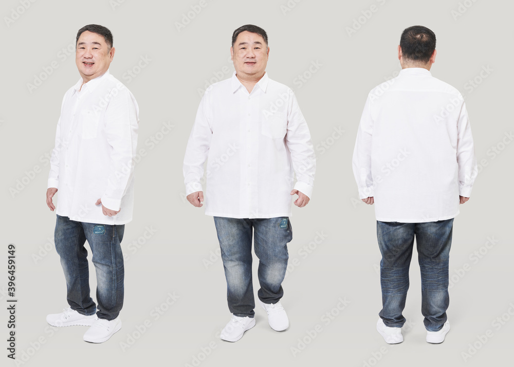 Plus size male model white shirt jeans apparel Plus size male model white shirt jeans apparel