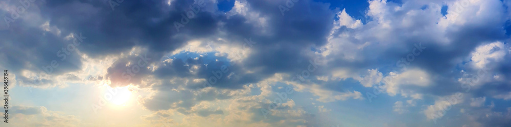 Fototapeta premium Blue sky panorama with cloud on a sunny day. Beautiful 180 degree panoramic image.