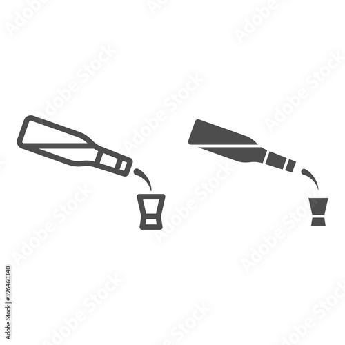 Pouring drink from bottle into glass line and solid icon, Bartenders Day concept, Vodka sign on white background, Alcohol beverage pouring in glass icon in outline style. Vector graphics.
