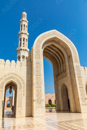 Middle East, Arabian Peninsula, Oman, Muscat. Entrance to the Sultan Qaboos Grand Mosque in Muscat.