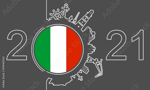 Circle with sea shipping and travel relative silhouettes. Objects located around the circle. Industrial design background. Field for text. Flag of Italy. 2021 year number