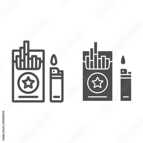 Pack of cigarettes and lighter line and solid icon, Addiction concept, nicotine dependence sign on white background, Cigarettes and lighter icon in outline style for mobile and web. Vector graphics.