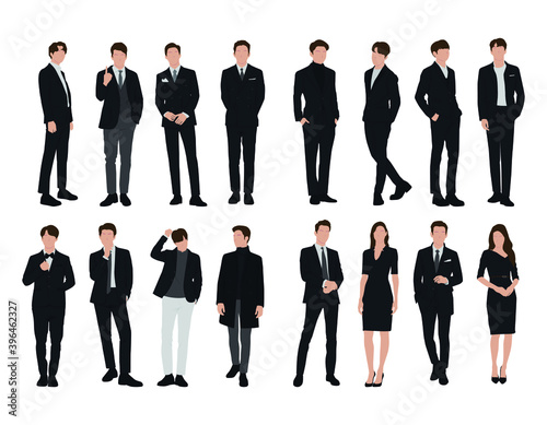 Vector of young businessman and women with suit, Business people, group of men and women, wearing working outfit, standing in white background