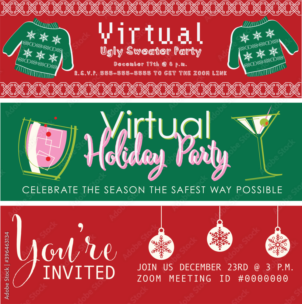 Naklejka premium Virtual Holiday Party Banner Set, Christmas Vector labels set, E-mail invite, Social Media Banners