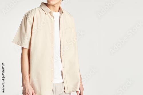 Men's beige shirt mockup minimal outfit photo