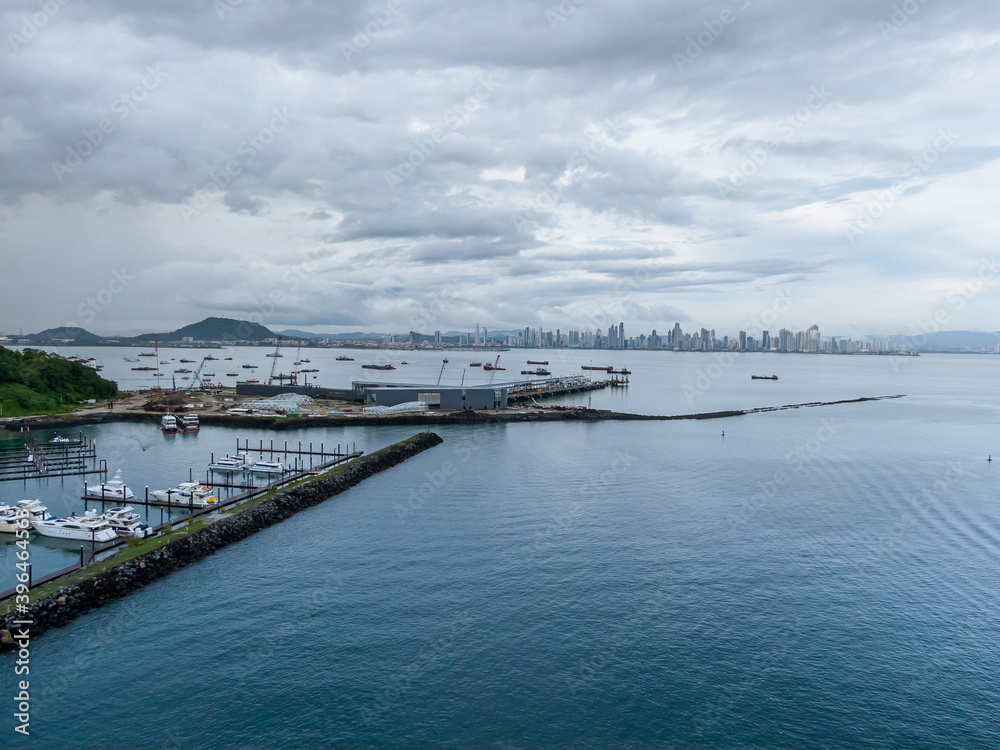 Beautiful aerial view of the The Causeway Amador Islands and the Majestic city of Panama