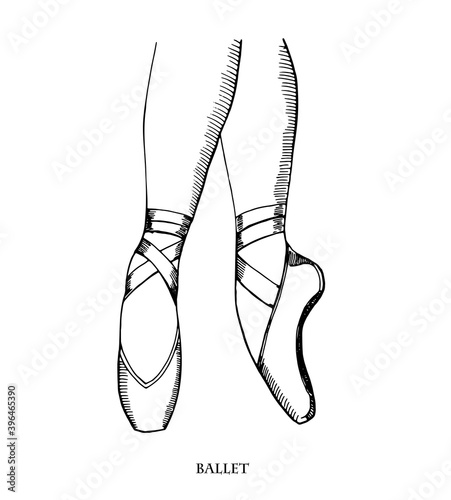 Pointe shoes, sketch hand drawn illustration. Ballerina on the pink pointes.Artist or woman in the ballet studio.