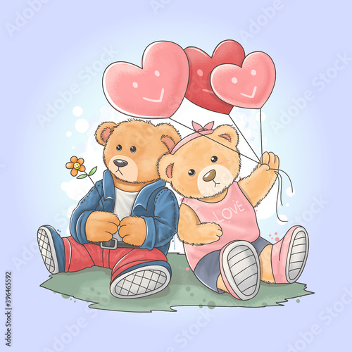 Bear Tedy wears a rocker jacket with his girlfriend who carries a love heart balloon. This vector uses a watercolor painting style that is easy to edit