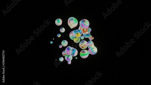 Airbuble metaball 3d footage. Deforming organic rendering blob realistic animation. Fluid shape dissolving into small drops on black background. photo