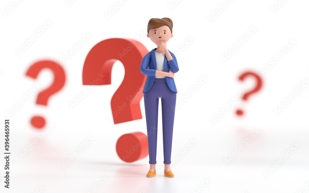 A woman thinking with a question mark,looking for a solution.decision and problem concept. 3d rendering,conceptual image. A woman thinking with a question mark,looking for a solution.decision and problem concept. 3d rendering,conceptual image.