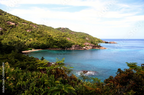 panorama tropical island i turquoise sea water lagoon secret beach ideal honeymoon destination