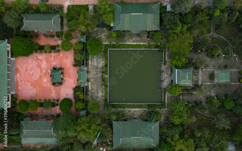 Top down aerial view of Asian Buddhist Temple showing symmetry of the architecture