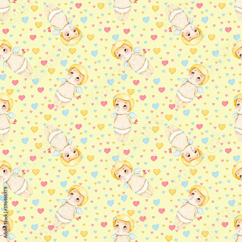 seamless pattern watercolor cute little cupid st. valentain day background photo