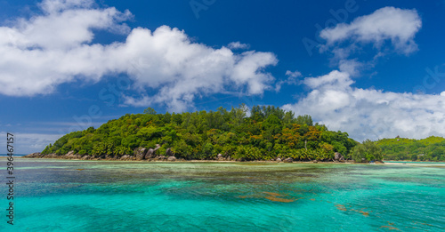 Moyenne Island viewed from a boat in Sainte Anne Marine National Park in Seychelles