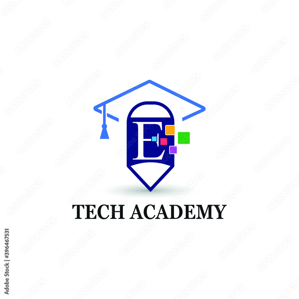 Letter E education and academy logo concept with pencil and toga hat for techno theme Letter E education and academy logo concept with pencil and toga hat for techno theme