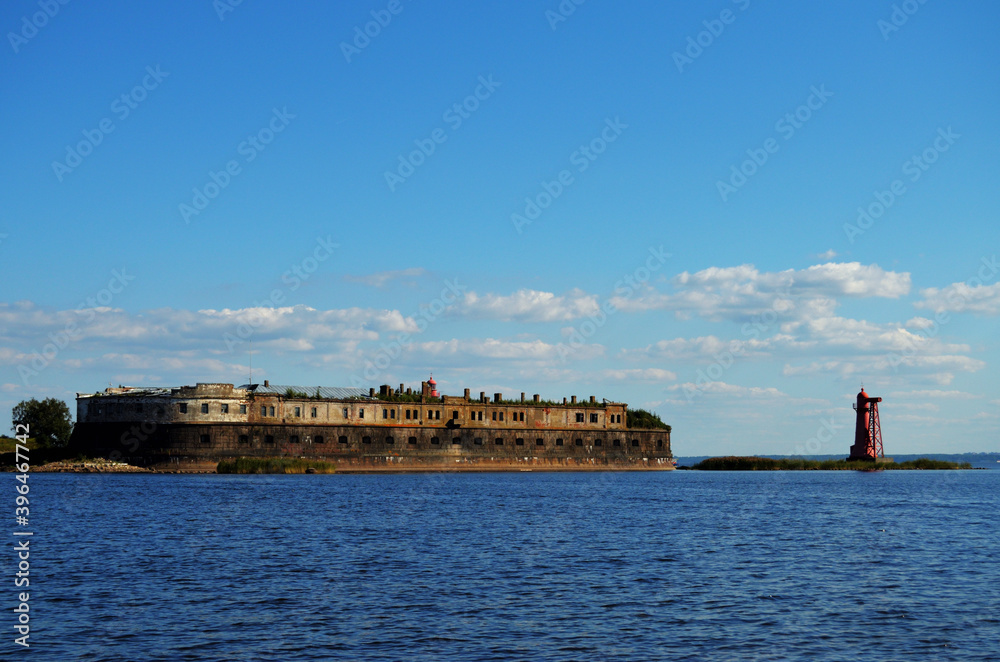 The fort is old destroyed in the waters of the Gulf of Finland off the coast of Kronstadt. Russia, St. Petersburg, 17.08.2020