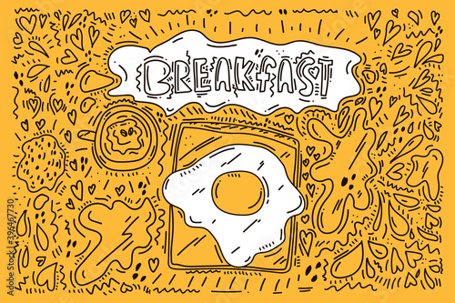 Beautiful scrambled eggs in Doodle style. The inscription cute Breakfast for a good morning. Scribble clipart for cafe menus. Concept of food for the morning hand-drawn. Vector illustration of coffee