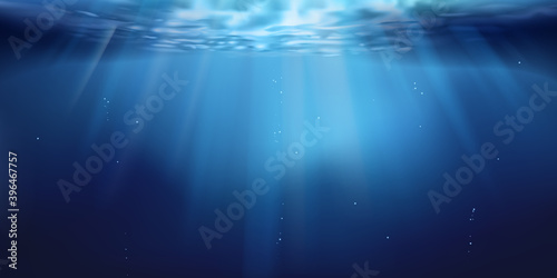 Underwater background, ocean or sea surface seen from under water. Rays of light, abstract marine backdrop. Nature landscape, beams blurred. Vector illustration