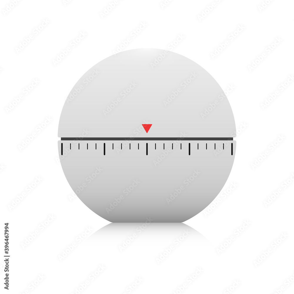 Vector illustration of a kitchen timer. A realistic 3D design template for a timer icon in the form of a divided ball, with tick marks and a red triangle to indicate the selected time. Vector illustration of a kitchen timer. A realistic 3D design template for a timer icon in the form of a divided ball, with tick marks and a red triangle to indicate the selected time.