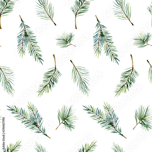 Watercolor evergreen christmas seamless pattern with fir branch, twigs spruce, winter greenery floral minimal for to the textile fabric, wallpaper decor, wrapping paper, scrapbook paper