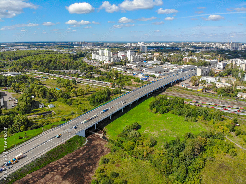 Aerial view of the overpass (bridge) in the Chistye Prudy microdistrict (Kirov, Russia)