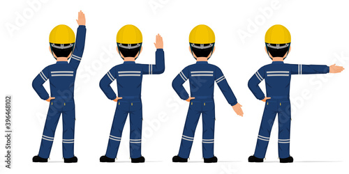 Set of industrial worker raising hand in different positions on white background