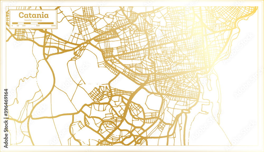 Catania Italy City Map in Retro Style in Golden Color. Outline Map.