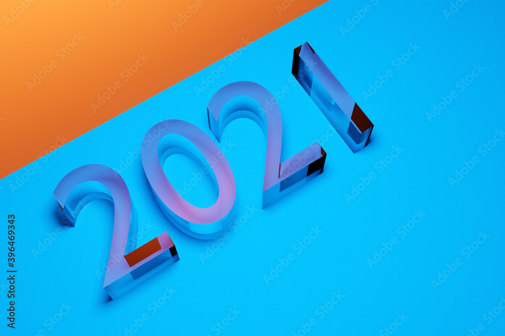 3D illustration inscription 2021 from transparent lines on a blue background. Illustration of the symbol of the new year. 3D illustration inscription 2021 from transparent lines on a blue background. Illustration of the symbol of the new year.