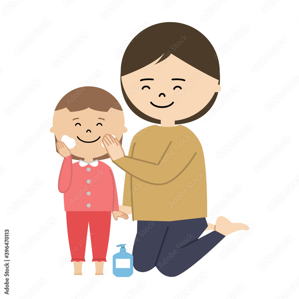 女の子の顔に保湿クリームを塗る女性のイラスト