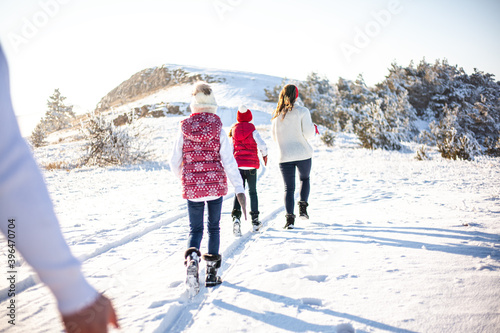 Back view of happy family walking outdoor on winter snow landscape. People have joy of leisure winter vacation outdoors