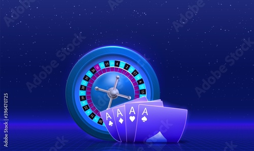 Casino neon background with aces and roulette. Concept for flyer, banner, poster. Vector illustration.