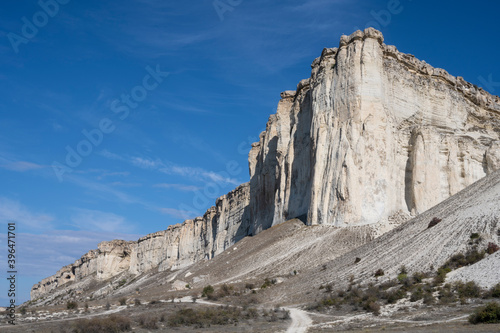 White rock in the Republic of Crimea, Russia. A clear, Sunny morning of October 2, 2020