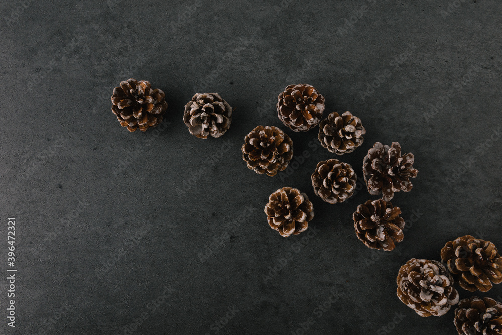 Group of pine cones spread on dark slate texture Group of pine cones spread on dark slate texture