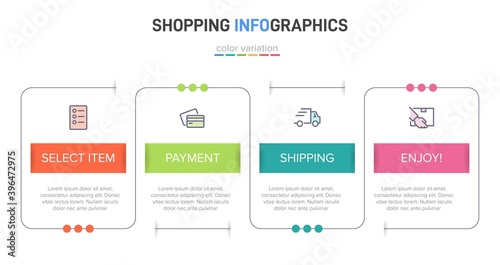 Concept of shopping process with 4 successive steps. Four colorful graphic elements. Timeline design for brochure  presentation  web site. Infographic design layout.