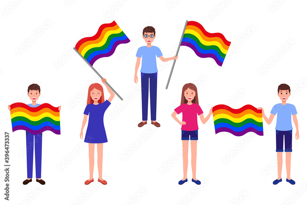 Vector cartoon set of illustrations with people holding rainbow flags ...