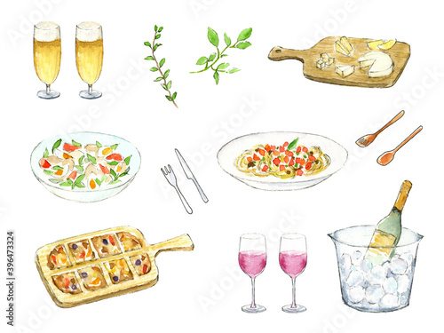 アルコール飲料と料理　水彩イラスト