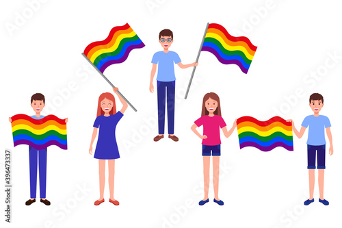 Vector cartoon set of illustrations with people holding rainbow flags of the LGBT community. Pride parade concept