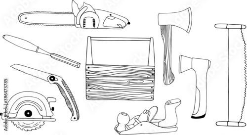 A set of different tools for working with wood drawn by hand in the Doodle style. Vector tools: plane, circular saw, chainsaw, tool box, axes.