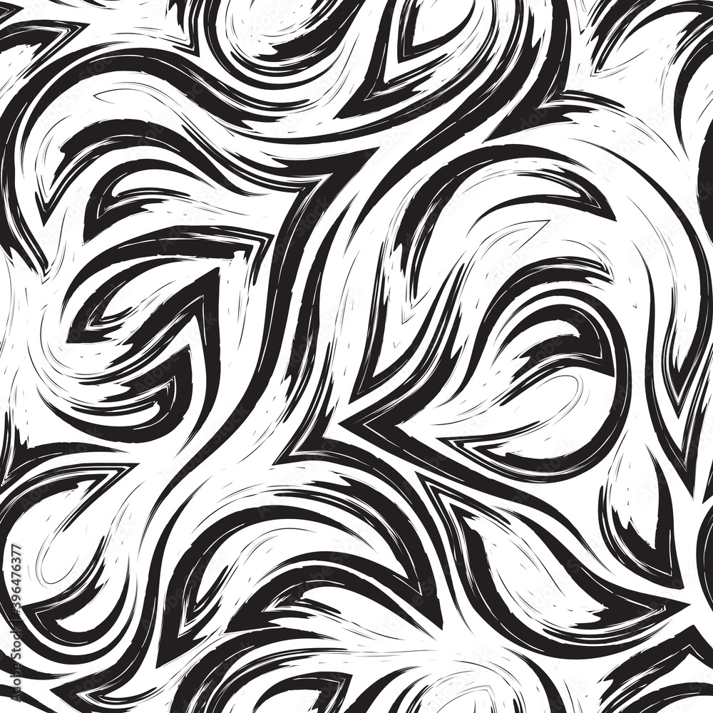 Black vector geometric seamless pattern from corners of flowing lines and waves isolated on white background.Water or sea flow texture