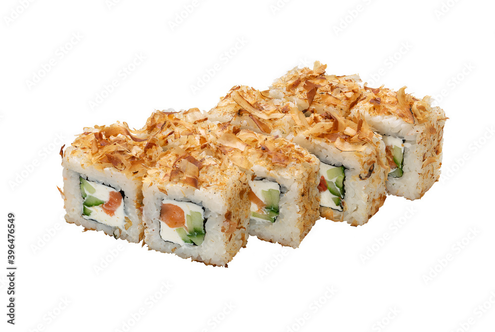 Japanese food. Set of maki roll with salmon, cucumber and soft cheese. White background. Copy space, studio shot. Japanese food. Set of maki roll with salmon, cucumber and soft cheese. White background. Copy space, studio shot.