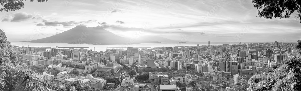 Kagoshima city downtown skyline cityscape  with Sakurajima Volcano in Kyushu, Japan