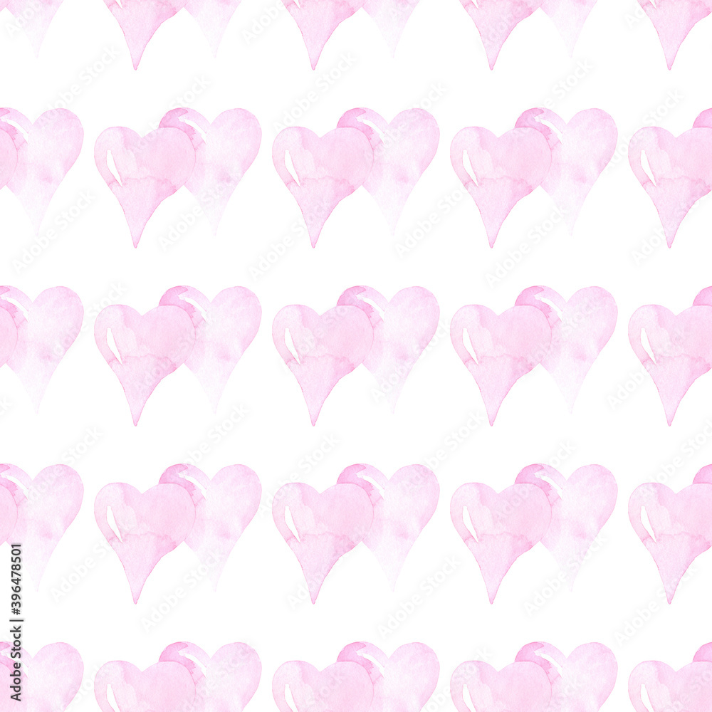Watercolor romantic pattern with pink hearts. Perfect for printing, web, textile design, various souvenirs, scrapbooking and other creative ideas.