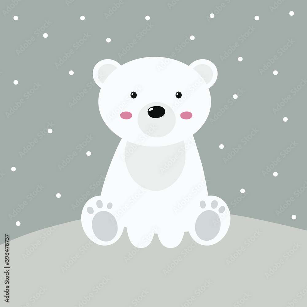 Cute polar bear card. Winter illustration for poster, card, sticker, kid room decor. Cute character white bear. Christmas card with funny sitting bear and snow. Scandinavian poster.