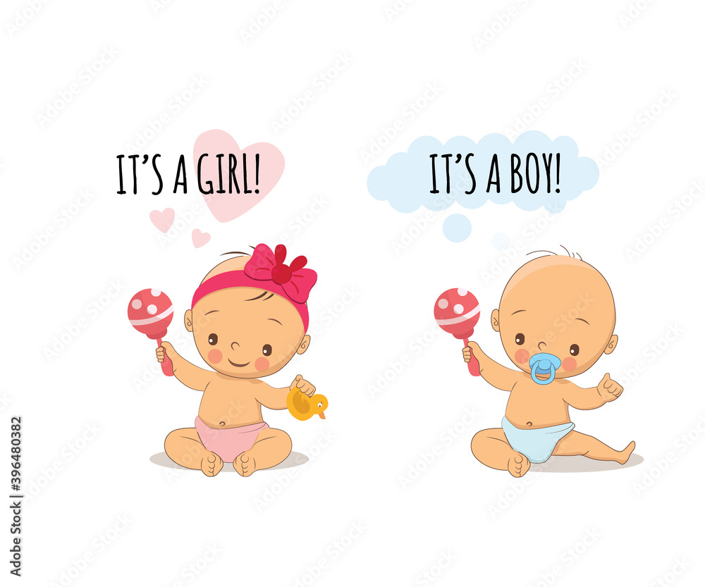 Baby shower greeting card with babies boy and girl Baby shower greeting card with babies boy and girl