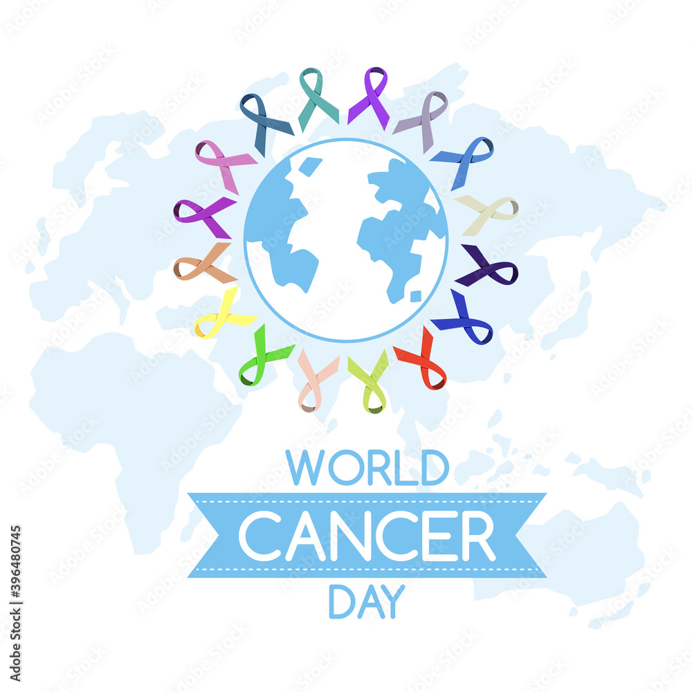 World Cancer Day logo or banner with many ribbons around the globe