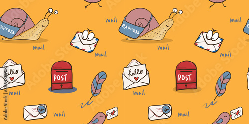 seamless background with snail mail, letters, pen, envelope  with stamp