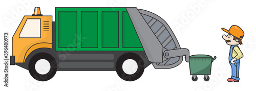 garbage truck, trash can and worker removing garbage