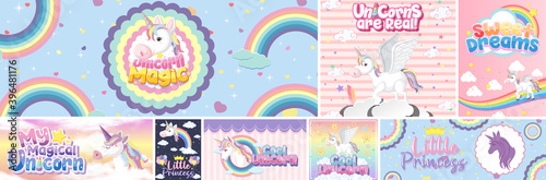 Cute unicorn banner on pastel background color